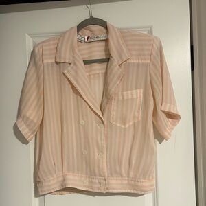 Chaus Vintage Pink & White Striped Button-Up Shirt w/ Shoulder Pads | Size 8